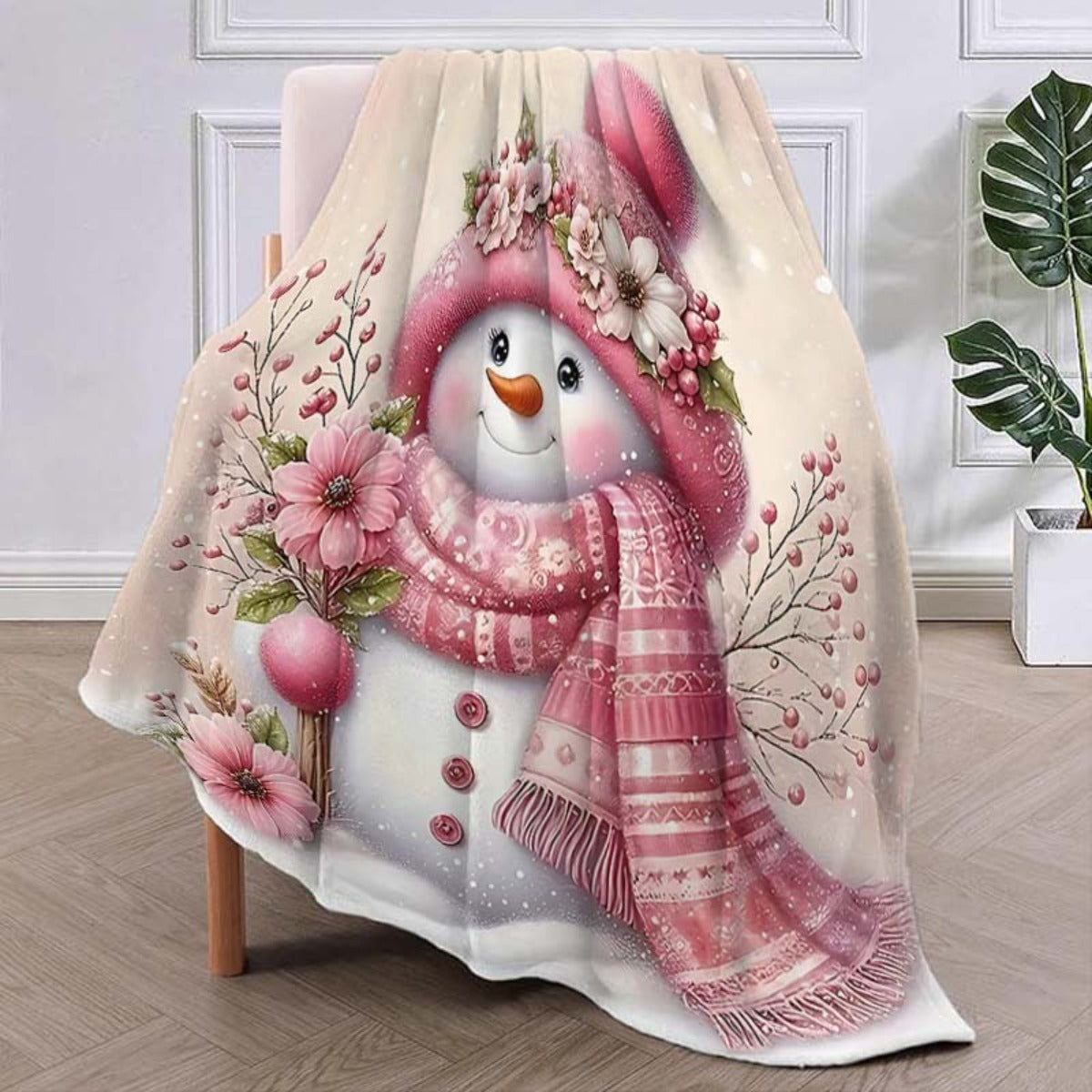 1pc 2D Printed Fleece Snow Blanket, Pink Floral And Snowflake Design - Soft, Warm, And Comfortable, Lightweight And Durable, Multiple Sizes Available, Ideal for Christmas, Living Room Leisure, Bedroom Warmth, Holiday Gift, All-Season Versatile Gift