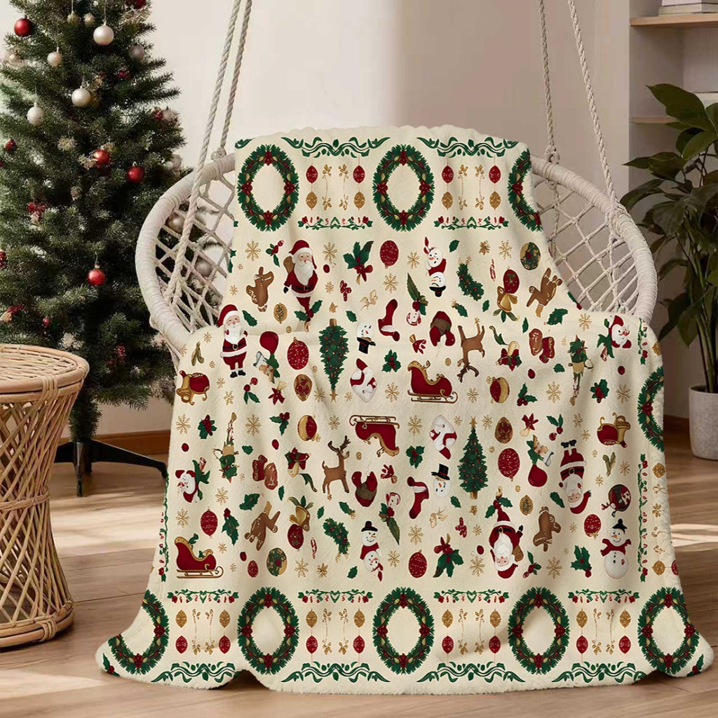 1pc, Christmas Theme Santa Claus And Snowman Pattern Flannel Blanket, Soft Comfortable Warm, Beige And Red Design, Durable Plush, All-Season Sofa Blanket, Warm Cover, Multiple Sizes Available, Suitable for Living Room Sofa, Bedroom