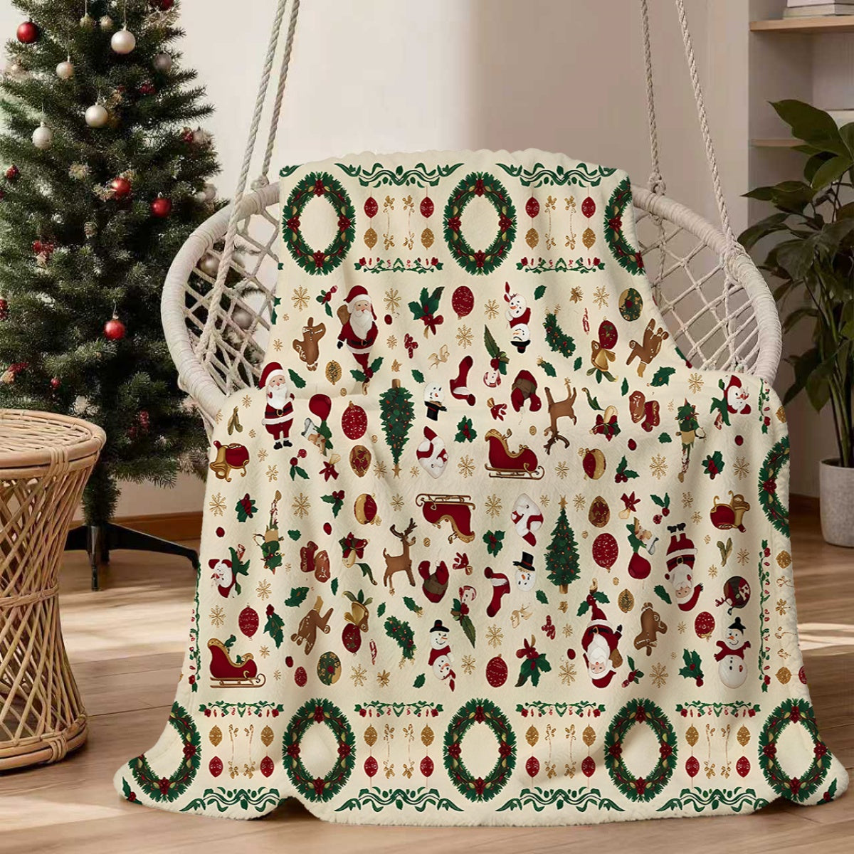 1pc, Christmas Theme Santa Claus And Snowman Pattern Flannel Blanket, Soft Comfortable Warm, Beige And Red Design, Durable Plush, All-Season Sofa Blanket, Warm Cover, Multiple Sizes Available, Suitable for Living Room Sofa, Bedroom