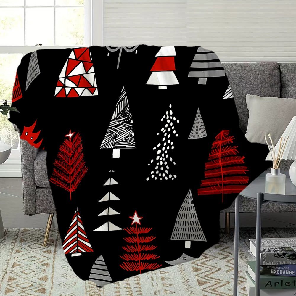 1pc Christmas Geometric Pattern Black Flannel Blanket, Soft, Comfortable, and Warm, Red, White, and Black Design, All-Season Sofa Blanket, Warm Throw Blanket, Multiple Sizes Available, Suitable for Living Room Sofas, Bedroom, Leisure Reading