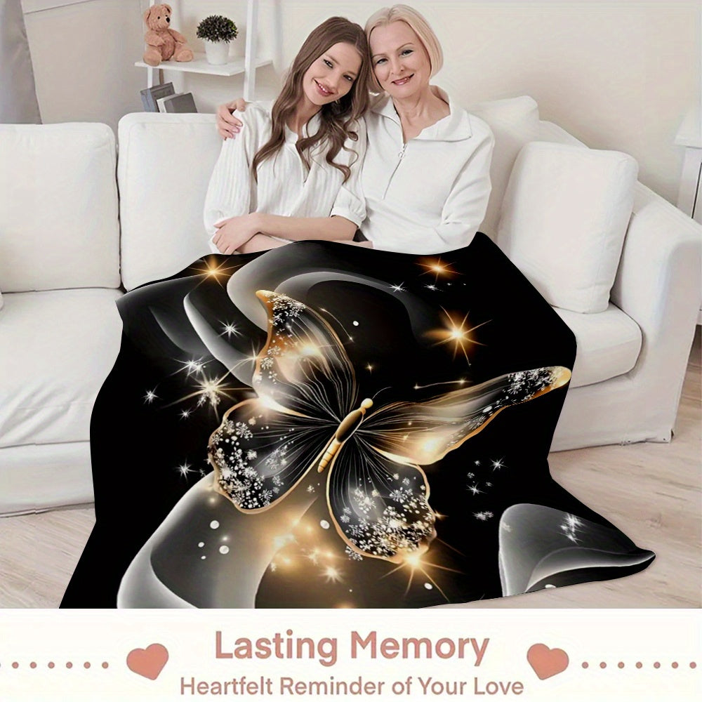 1pc 2D Flat Printing, Golden Butterfly And Starlight Blanket, Soft Fleece Blanket - Black And Golden Design, Multi-Size Available, Suitable for Living Room, Bedroom, Sofa, And Casual Use