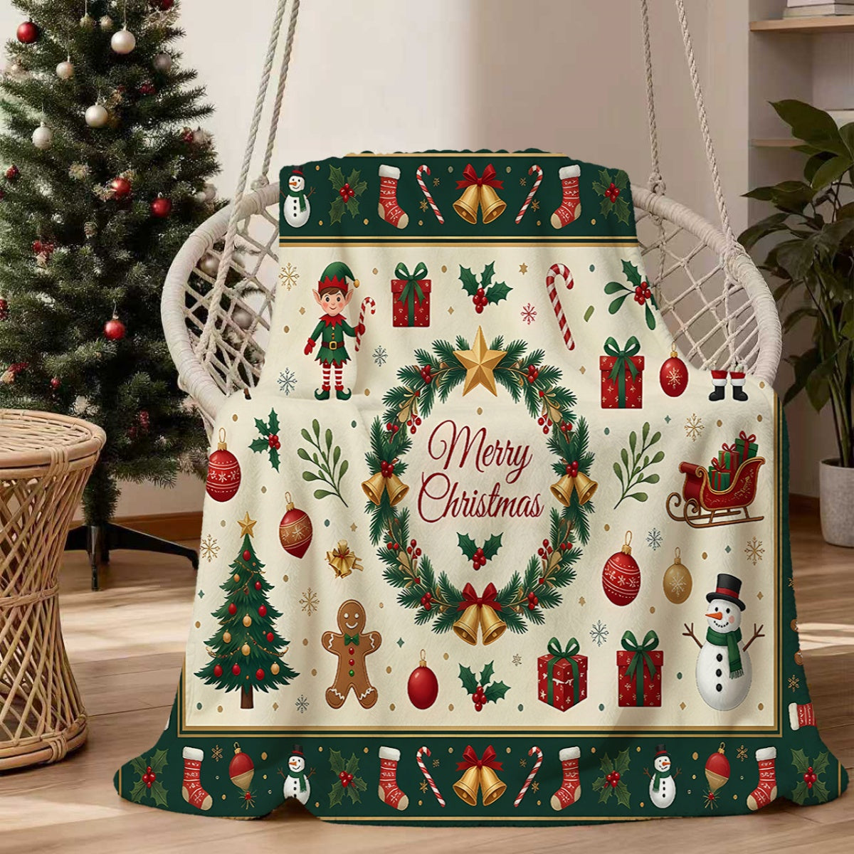 1pc, Christmas Elf And Reindeer Pattern Green Theme Flannel Blanket, Soft Comfortable Warm, Beige And Green Design, Durable Plush, All-Season Sofa Blanket, Warm Cover, Multiple Sizes Available, Suitable for Living Room Sofa, Bedroom
