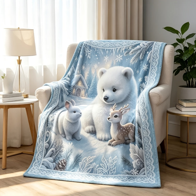 Winter Snow Scene, Polar Bear, Rabbit, Deer Print Fluorescent Flannel Blanket, Bedroom Living Room Sofa Blanket, Fluorescent Blanket, Machine Washable in All Seasons, Christmas, Halloween, Independence Day, Thanksgiving Gift Recommendation