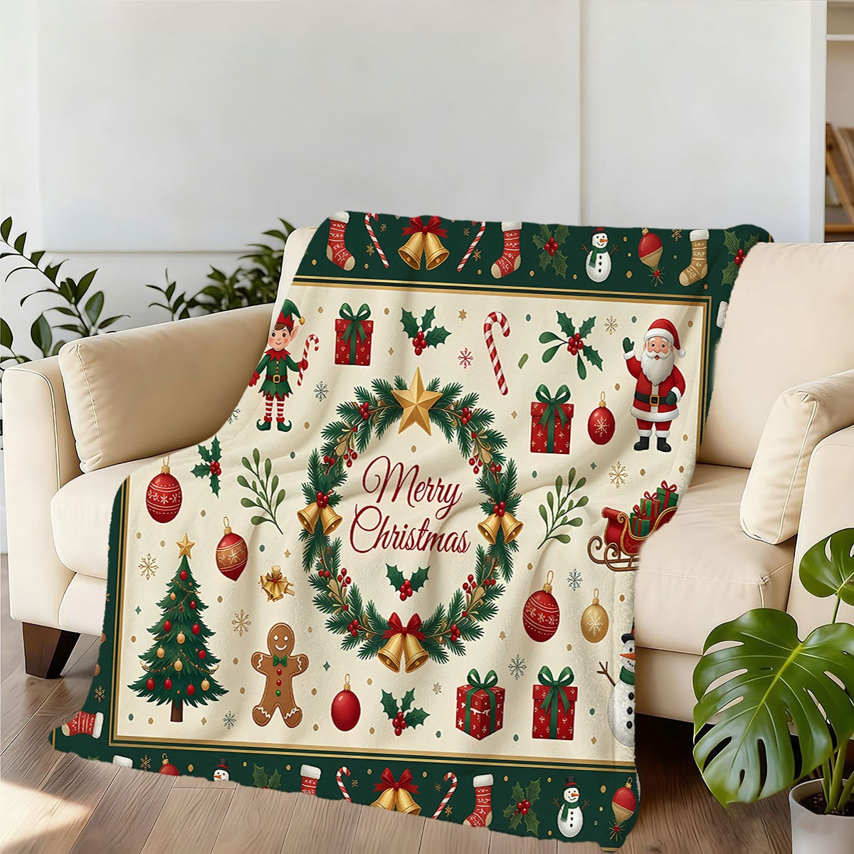 1pc, Christmas Elf And Reindeer Pattern Green Theme Flannel Blanket, Soft Comfortable Warm, Beige And Green Design, Durable Plush, All-Season Sofa Blanket, Warm Cover, Multiple Sizes Available, Suitable for Living Room Sofa, Bedroom