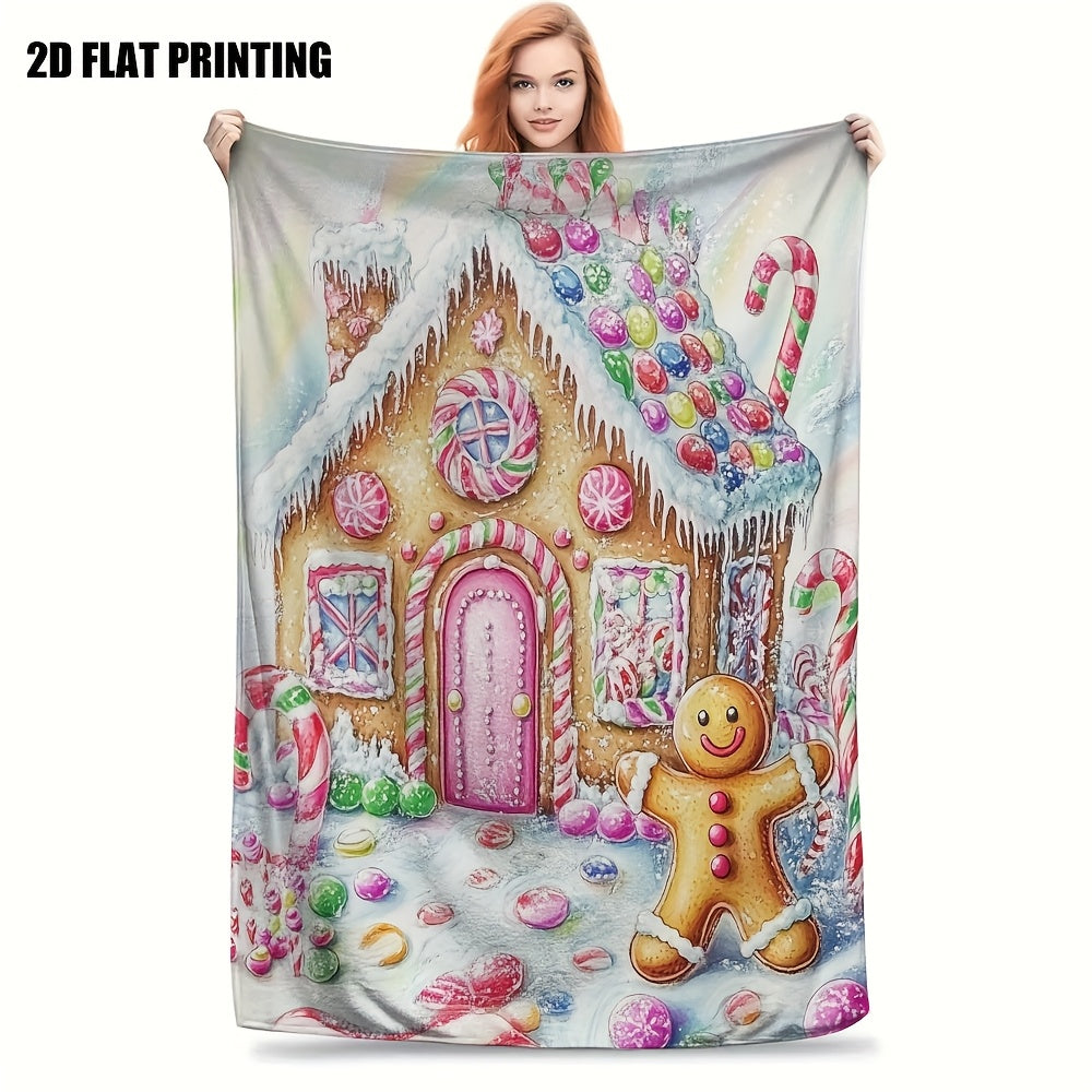 1pc Gingerbread House and Gingerbread for Man Christmas Themed Flannel Large Blanket, Holiday Decorative Design, Large Plush Throw Blanket, Suitable for Weekend Sofa Naps, Camping Leisure, and Home Naps