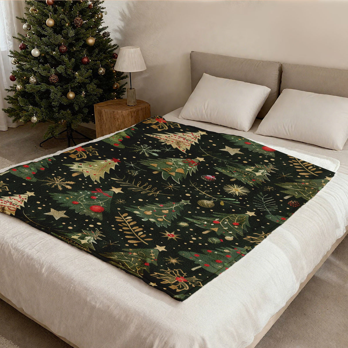 1pc Christmas Tree, Golden Stars, Decorative Printed Flannel Blanket, Comfortable And Soft Flannel Blanket, Suitable for Sofa Car Office, Soft And Warm All-Season Blanket, with Multi-Colored Animal Design