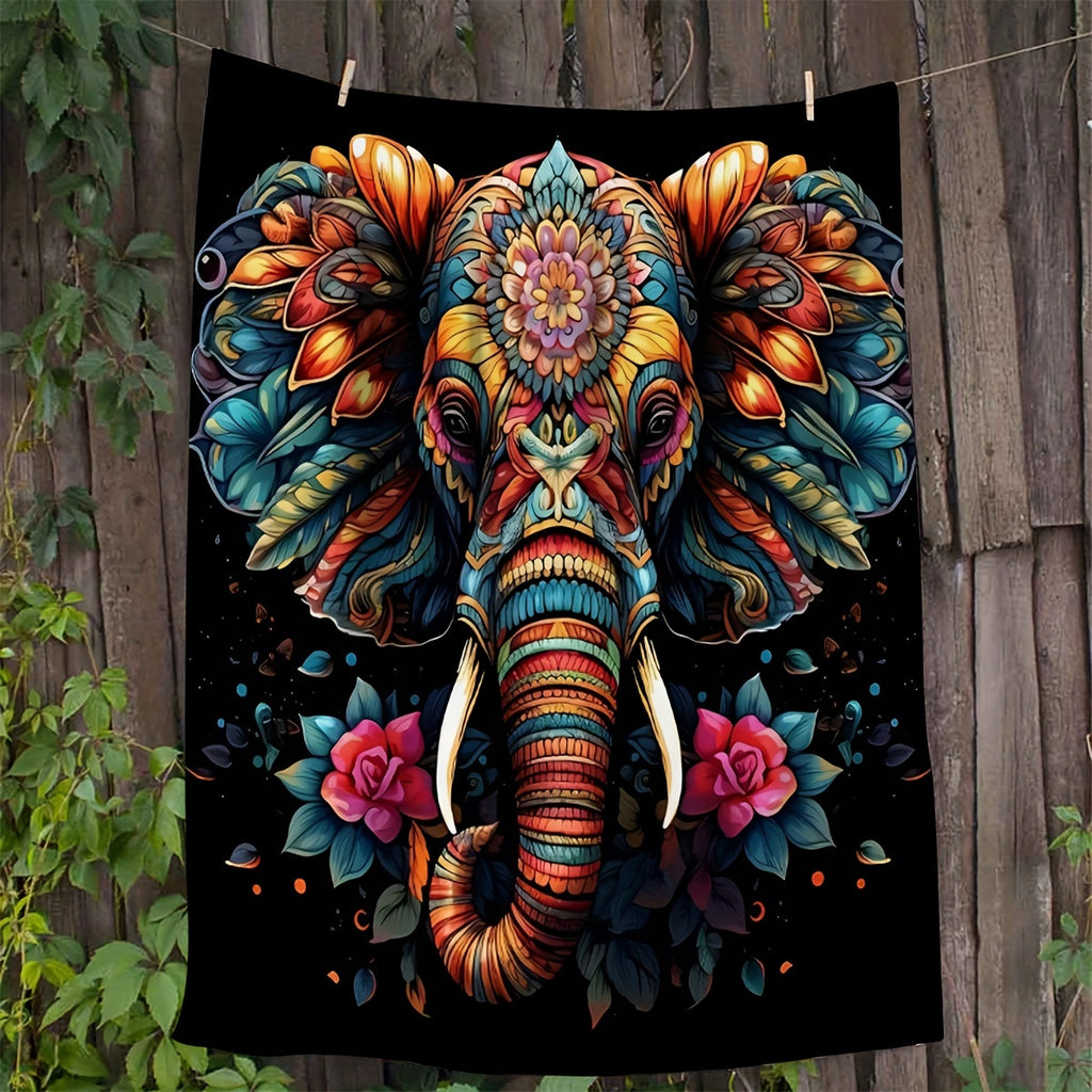 1pc 2D Flat Print, Colorful Elephant and Floral Themed Blanket, Soft Flannel Throw—black Base with Golden and Blue Design, Multiple Sizes Available, Suitable for Living Room, Bedroom, Sofa,, and Outdoor Use, 2D Flat