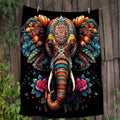 1pc 2D Flat Print, Colorful Elephant and Floral Themed Blanket, Soft Flannel Throw—black Base with Golden and Blue Design, Multiple Sizes Available, Suitable for Living Room, Bedroom, Sofa,, and Outdoor Use, 2D Flat
