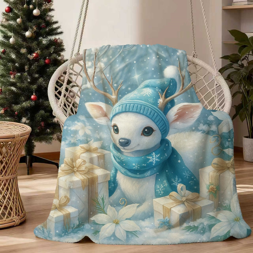 1pc Blue Reindeer Hat Scarf And Christmas Floral Flannel Blanket, Festive Winter Decor Design, Durable Plush Warm Throw Blanket, Suitable for Living Room Sofa Cover, Weekend Reading Time, Dormitory Life