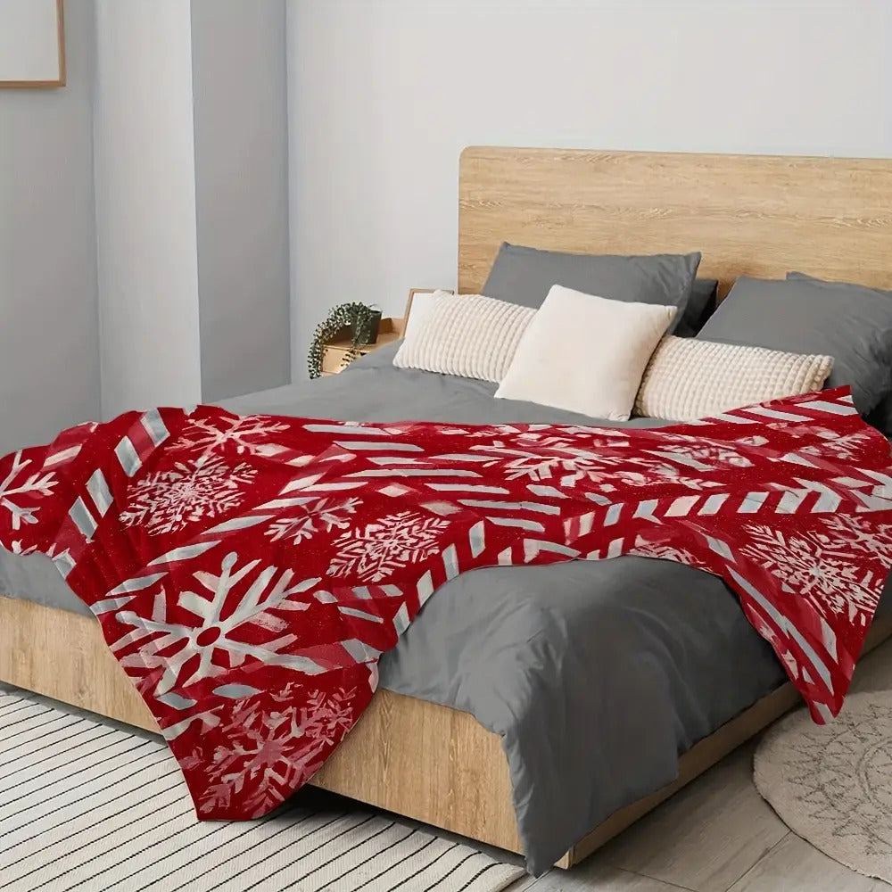 1 Red Snowflake Stripe Flannel Blanket with Festive Design, Soft Plush Surface, Lightweight and Durable Flannel Material, Available in Multiple Sizes, Perfect for Christmas, Living Room Lounging, Bedroom Warmth, and Holiday Decoration