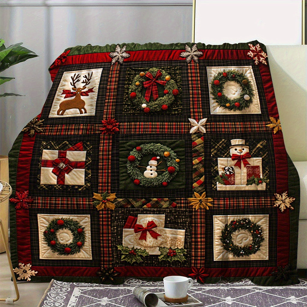 Vintage Red Snowman, Reindeer, Garland, Gift Patchwork Pattern Blanket for Family And Friends, High-Quality Polyester Machine Washable, Multifunctional Comfortable Sofa And Single Bed