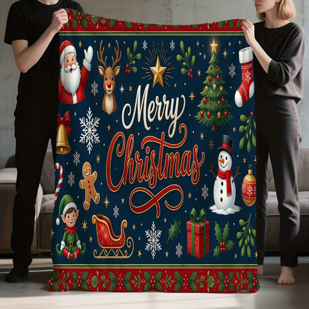 1pc, Santa Claus and Reindeer Pattern Flannel Blanket, Soft, Comfortable, and Warm, Dark Blue Holiday Design, Durable Plush Surface, All-Season Universal Sofa Blanket, Warm Throw Blanket, Multiple Sizes Available, Suitable for Living Room Sofas