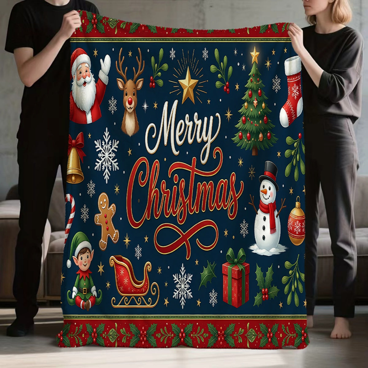 1pc, Santa Claus and Reindeer Pattern Flannel Blanket, Soft, Comfortable, and Warm, Dark Blue Holiday Design, Durable Plush Surface, All-Season Universal Sofa Blanket, Warm Throw Blanket, Multiple Sizes Available, Suitable for Living Room Sofas