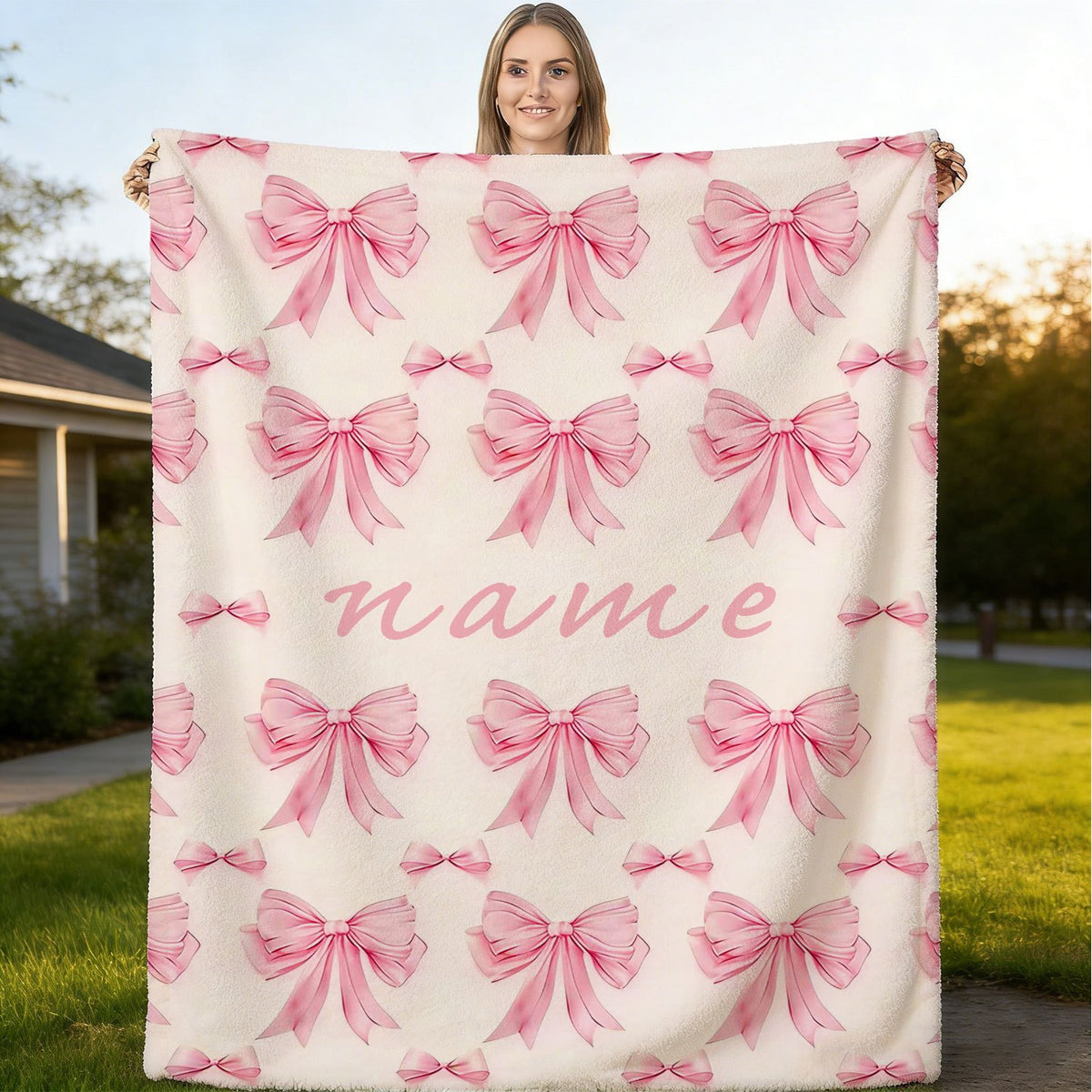 Personalized Custom Name Blanket, Pink Bow Fleece Blanket, Gift for Outdoor Enthusiasts, All-Season Plush Blanket, Suitable for Home And Travel, Comfortable Personalized Blanket, Ideal Holiday Gift for Family And Friends