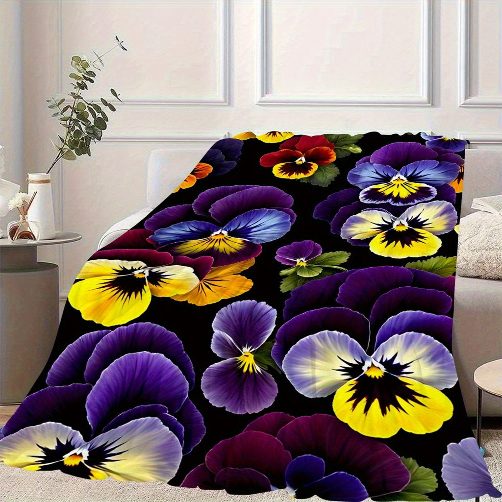 Soft and Warm Flannel Blanket - Bright Three-color Pansy Pattern on a Black Background, Suitable for Sofas, Pavements and Travel Camping Shawls in All Seasons, Machine Washable Modern Home Decoration Gifts, Sofa Covers, Decorative Gifts