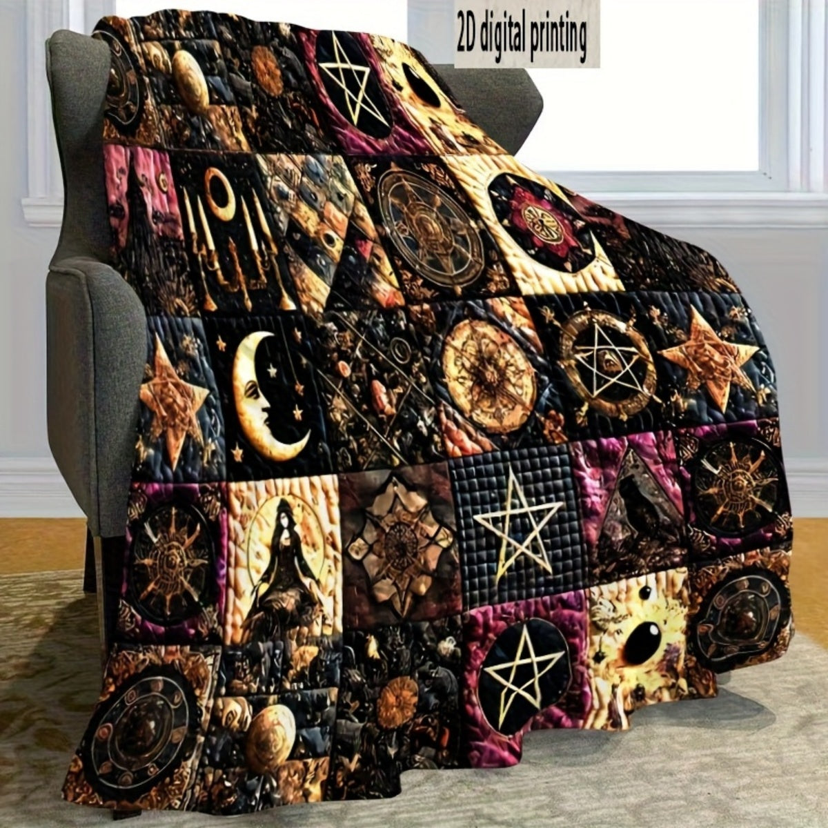 1pc 2D Flat Printing, Mysterious Symbols And Moon Wizard Pattern Blanket, Soft Fleece Blanket, Black Golden Purple Main Color Design, All-Season Warm Throw, Multiple Sizes Available, Suitable for Living Room, Bedroom, Balcony, Courtyard, And Sofa