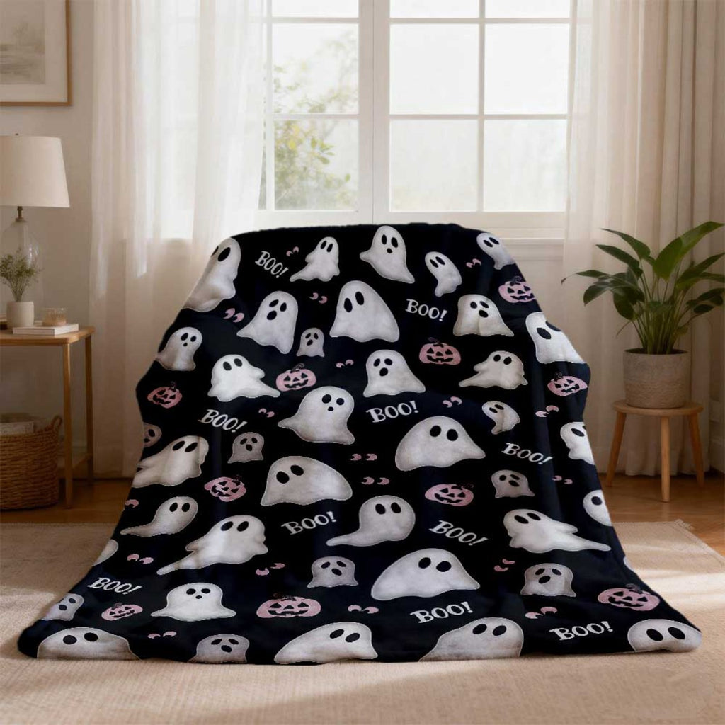 1pc Halloween Ghost And Pumpkin Pattern Black Flannel Blanket, Soft Comfortable Warm, Classic Halloween Design, Durable Plush, All-Season Bed Blanket, Warm Cover, Multiple Sizes Available, Suitable for Living Room Sofa, Bedroom Bed, Reading Corner