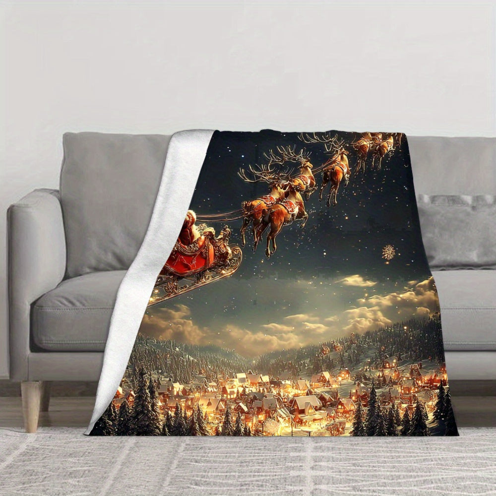 1pc, Santa Reindeer Moon Flannel Blanket - Soft Comfortable Polyester All Seasons Christmas and Halloween Blanket with Santa Sleigh and Reindeer Moon Print, Digital Design, Suitable for Sofas, Travel