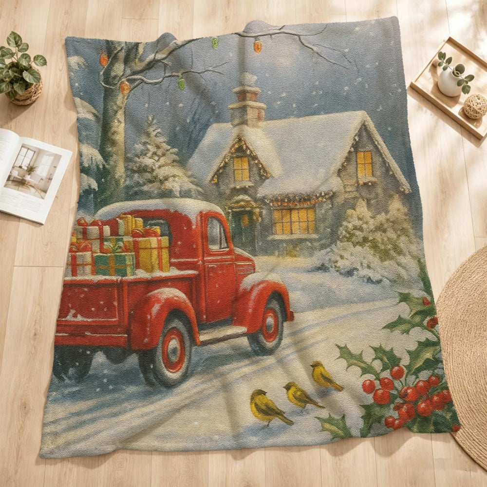 1pc of Christmas Red Truck with Snow Scene Pattern Cream Beige Flannel Blanket, Christmas Winter Body Blanket, Soft Plush for All Seasons, Suitable for Home Naps, Weekend Couch Lounging, and Office Naps