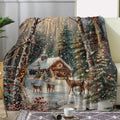Christmas Snow Scene Reindeer and Cabin Winter-Themed Flannel Blanket, Soft, Comfortable, and Warm, Dark Green and Design, Durable Plush Surface, All-Season Bed Blanket, Warm Throw Blanket, Multiple Sizes Available, Suitable for Living Room Sofa