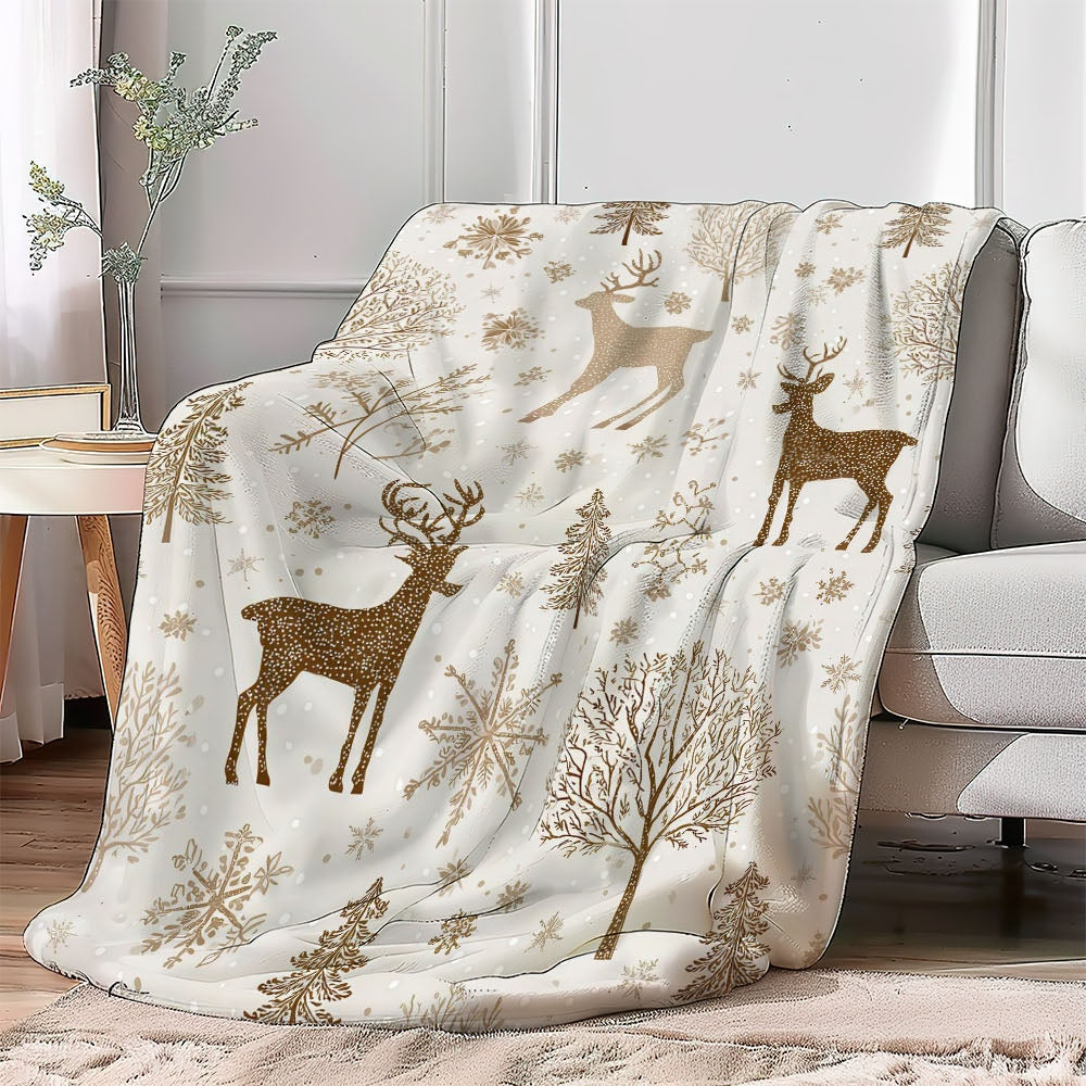 1pc Golden Reindeer Snowflake Patterned Blanket, Christmas Holiday Decor Design, Soft Plush, Flannel Material Lightweight And Durable, Multiple Sizes Available, Ideal for Christmas Decoration, Living Room Leisure, Bedroom Warmth, Study Reading