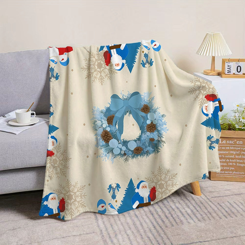 1pc of Santa Claus and Wreath Pattern Blue Flannel Blanket, Soft, Comfortable, and Warm, with a Cream White and Blue Design. A Four-season Universal Sofa Throw, a Warm Lap Blanket, Available in Multiple Sizes. Suitable for Living Room Sofas
