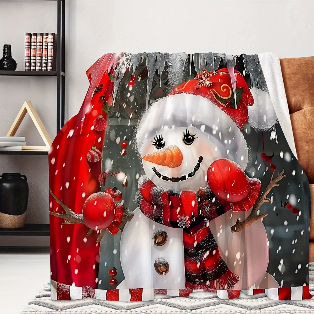 1pc Snowman and Red Ball Christmas Themed Red Flannel Large Blanket, Winter Decorative Design, Large Plush Throw Blanket, Suitable for Holiday Home Decor, Reading Time, and Home Naps