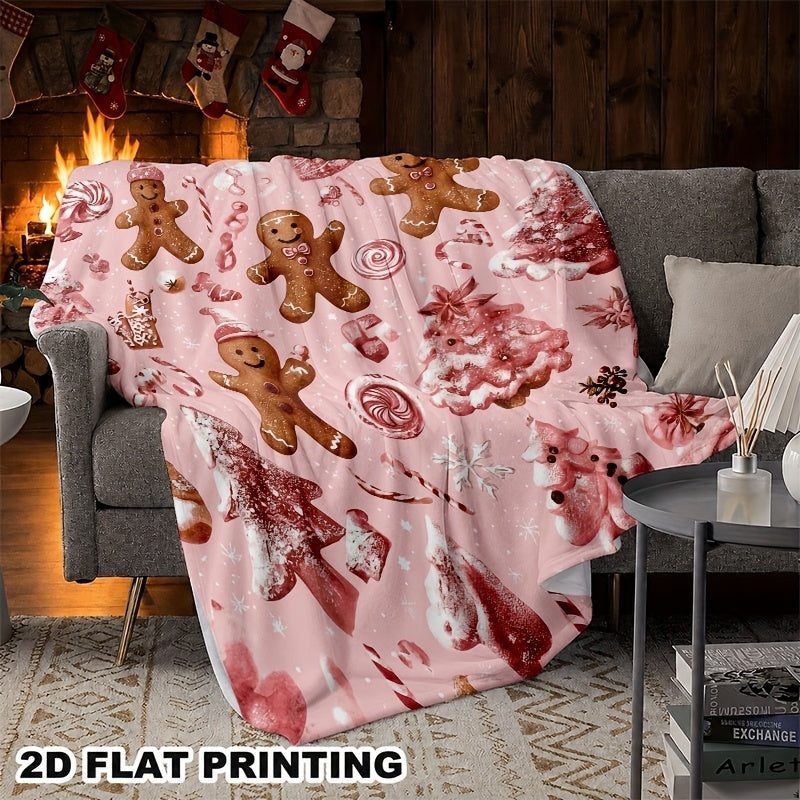 2D Flat 1pc Pink Christmas Gingerbread for Man Flannel Blanket with Candy Stick Tree Snowflake Print, Super Soft Thermal Blanket, Suitable for Winter Holiday Decoration, Comfortable Sofa Blanket for All Seasons, 2D Flat
