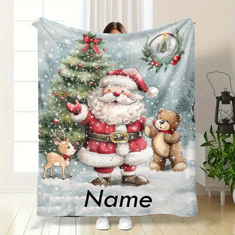 1pc of Large Flannel Blanket with a Light Blue Santa Claus and Reindeer Bear Pattern, a Cozy Holiday Decoration, Suitable for Reading Time, Home Naps, and Festive Home Decor