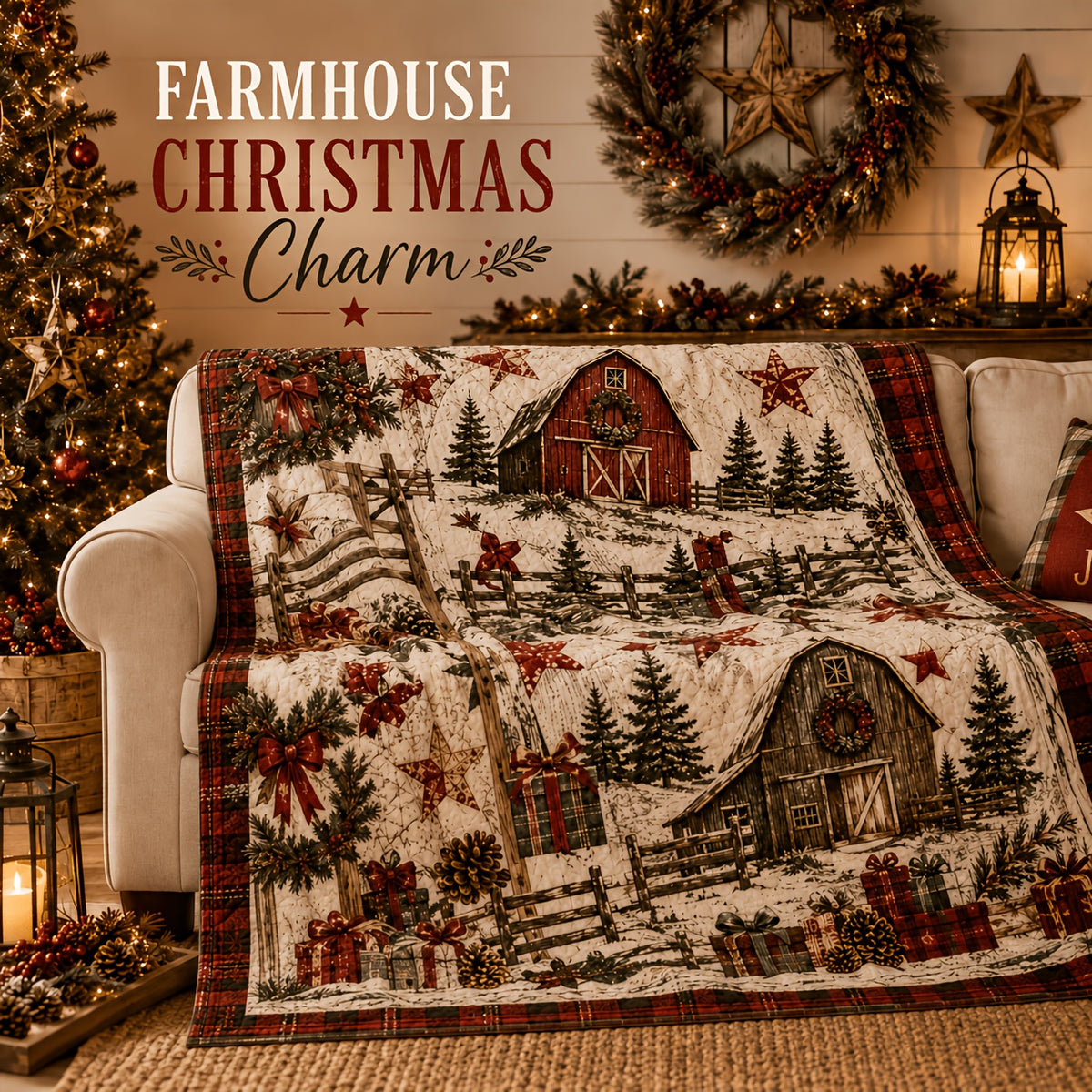 Blankets, Country Cottage Christmas Blanket Vintage Barn Pine Wreath Living Room Sofa Bedroom Lunch Break Blanket