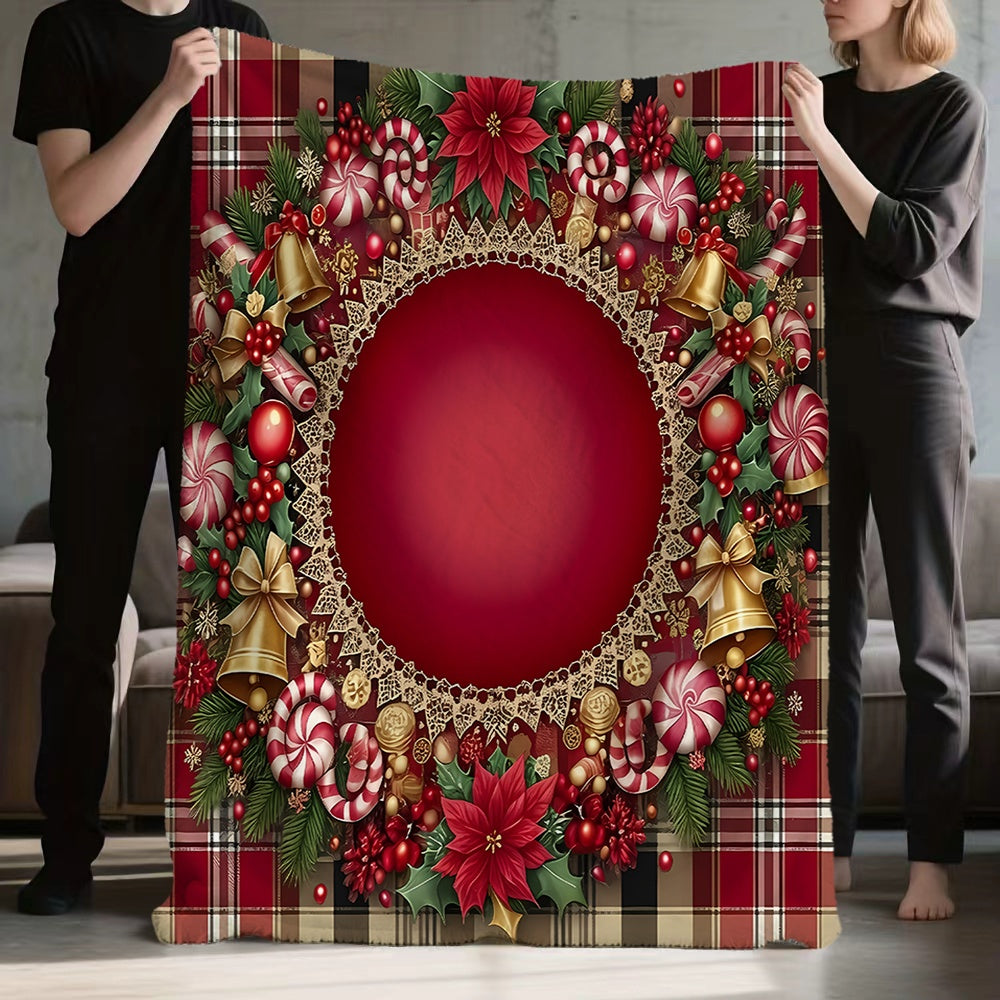 1pc Christmas Wreath Pattern Flannel Blanket, Soft Comfortable Warm, Red And Golden Design, All-Season Sofa Blanket, Warm Cover, Multiple Sizes Available, Suitable for Living Room Sofa, Bedroom, Reading Corner, Holiday Decor, And Leisure Time