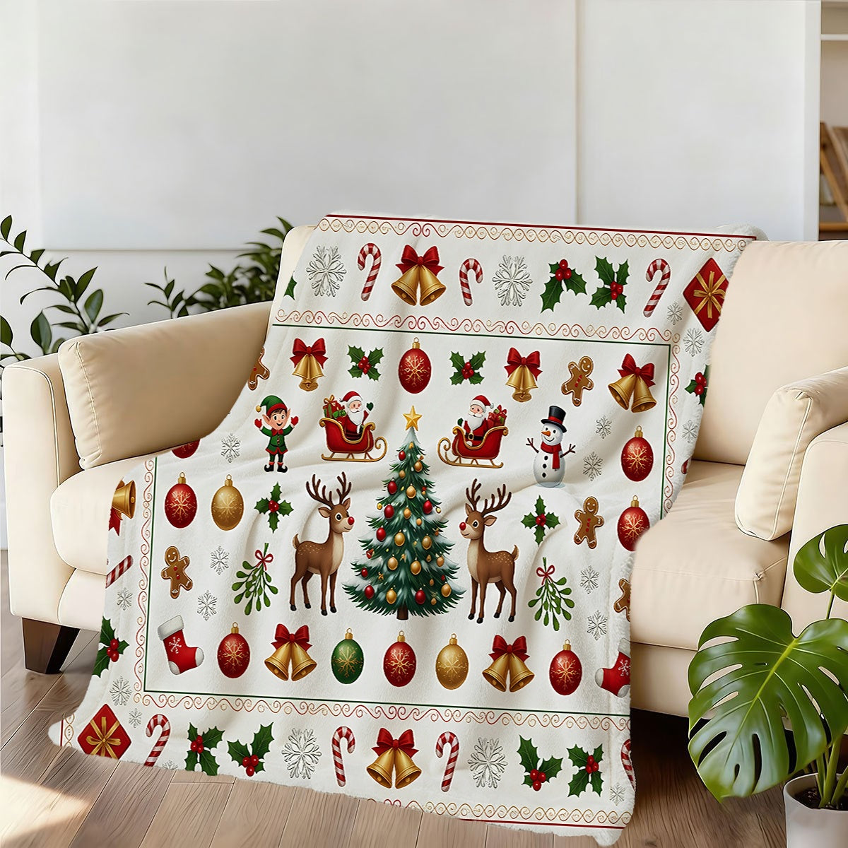 1pc, Santa Claus and Reindeer Pattern Christmas Themed Flannel Blanket, Soft, Comfortable, and Warm, Red and White Holiday Design, Durable Plush Surface, All-Season Universal Sofa Blanket, Warm Throw Blanket, Multiple Sizes Available