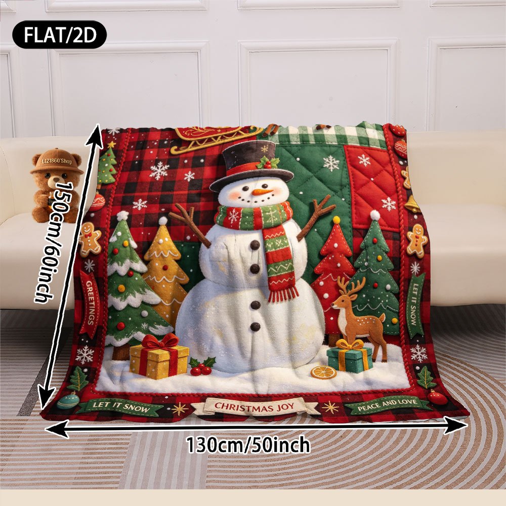 Vintage Country Style Patchwork Plaid Flannel Blanket, Christmas New Year Theme, Large Snowman Santa Claus Reindeer Sleigh Christmas Tree Gift Box Gingerbread Man Pattern, HAPPY NEW YEAR Christmas Joy Text Elements