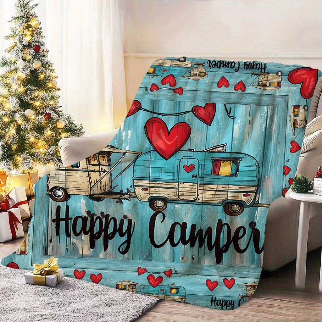 1pc Vintage Camper Pattern Blanket, Romantic Style Design, Soft Plush Surface, Lightweight and Durable Flannel Material, Multiple Sizes Available, Perfect for Holiday Gatherings, Living Room Lounging, Bedroom Warmth, Outdoor Camping, Seasonal Home