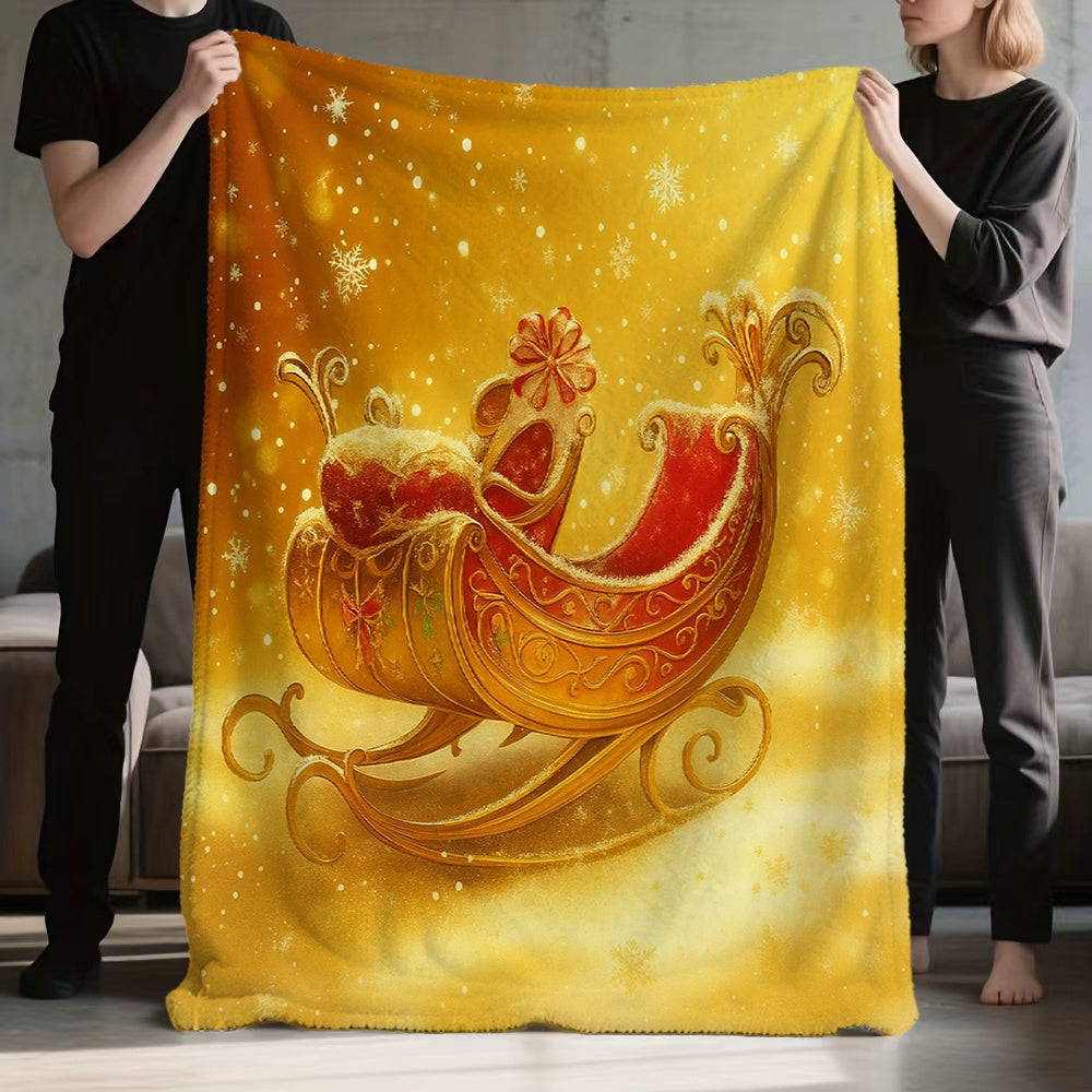 1 Christmas Sleigh and Snowflake Flannel Blanket, Golden Warm-toned Design, Durable Plush Warm Throw Blanket, Suitable for Living Room Sofa Cover, Weekend Sofa Naps, RV Travel