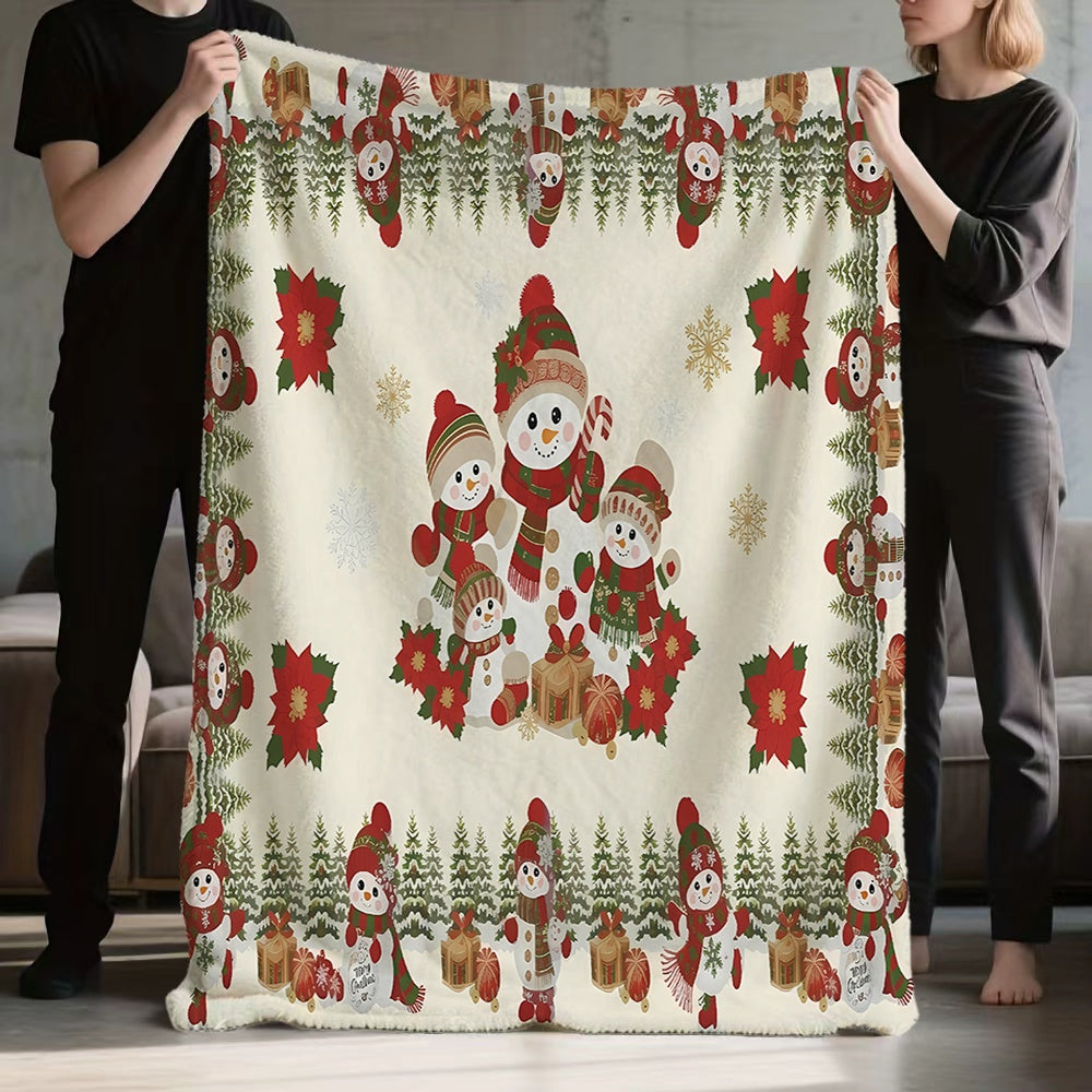 1 Christmas Flannel Blanket Featuring a Snowman, Pine Branches, and Red, Green, and Golden Snowflake Patterns. Soft, Comfortable, and Warm with a Cream-white Base. A Versatile All-season Sofa Throw and Cozy Cover Blanket. Available in Multiple Sizes.