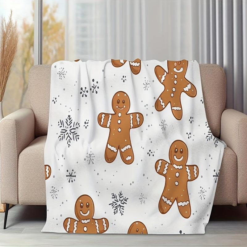 1pc Gingerbread Pattern Blanket, Gingerbread Print Design, Full-body Blanket, Soft Flannel Plush Surface, Lightweight and Durable, Multiple Sizes Available, Suitable for Christmas Decoration, Living Room Leisure, Bedroom Sleep, and Festive Atmosphere