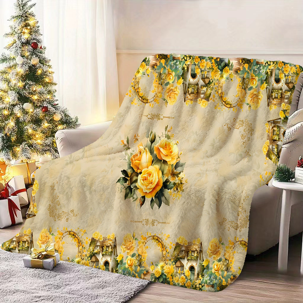 1pc Yellow Rose Pattern Blanket, Vintage Style Design, Soft Plush Surface, Lightweight and Durable Flannel Material, Multiple Sizes Available, Perfect for Holiday Decor, Living Room Lounging, Bedroom Warmth, Study Reading, Seasonal Home Decor