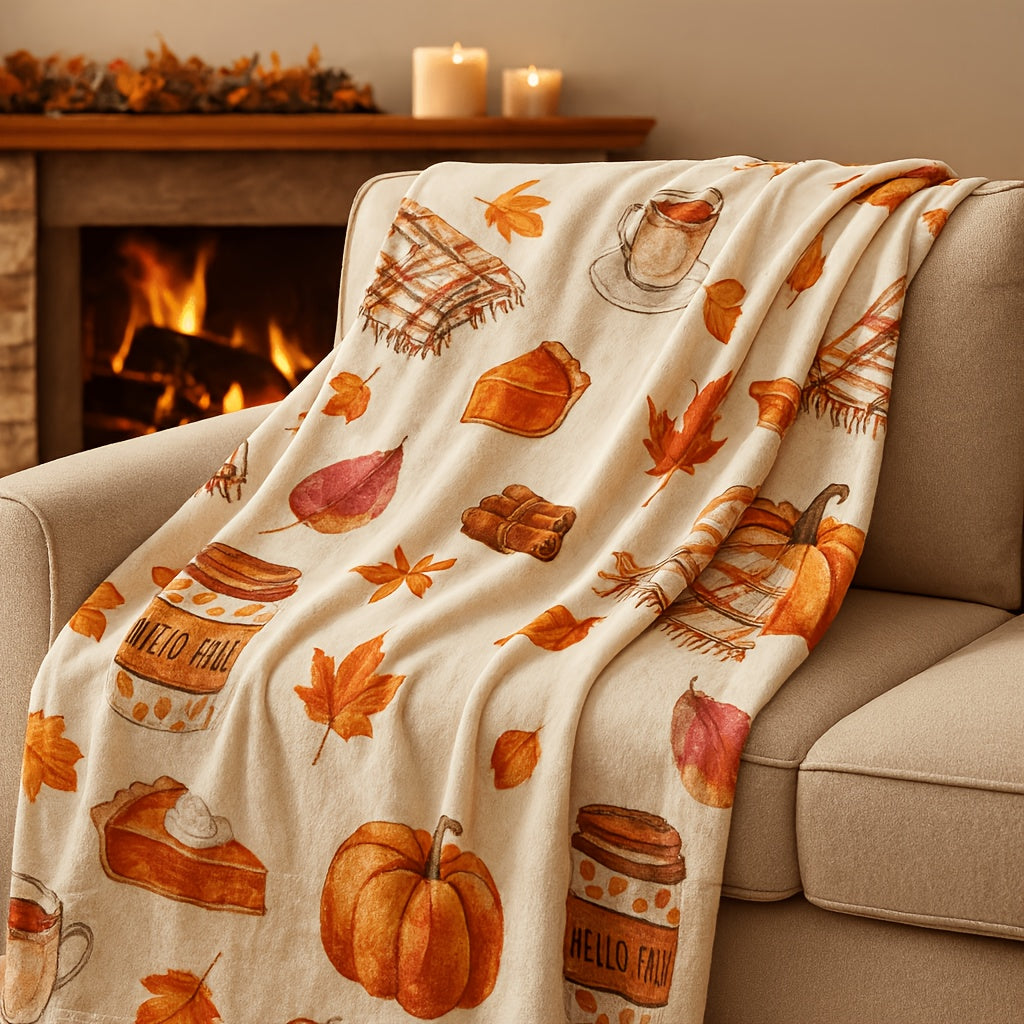 280Gsm 2D Printed1pcs Autumn Pumpkin and Maple Leaf Pattern Soft and Comfortable, Blanket Thanksgiving Christmas Halloween Holiday Gift Blanket Hallowean Daka Herbstdeko Soft and Comfortable Shawl