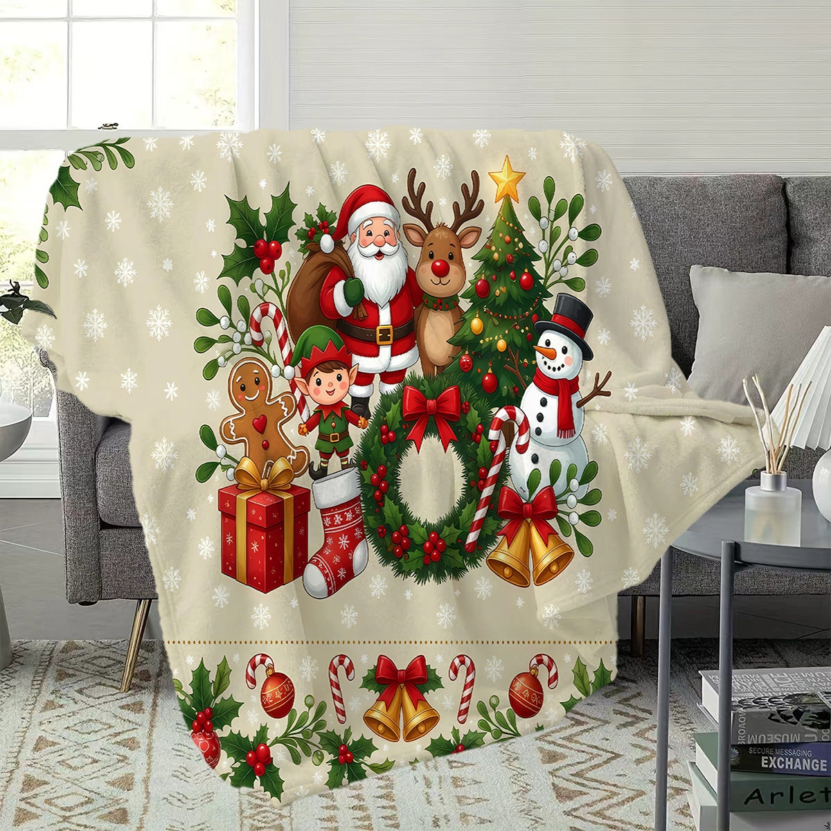 1pc, Santa Claus And Reindeer Christmas Tree Theme Flannel Blanket, Soft Comfortable Warm, Beige Design, Durable Plush, All-Season Sofa Blanket, Warm Cover, Multiple Sizes Available, Suitable for Living Room Sofa, Bedroom, Reading Corner