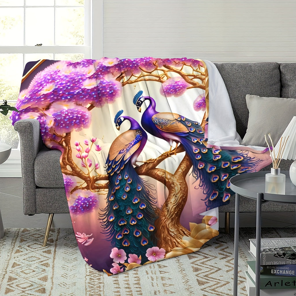 1pc 2D Flat Printing, Peacock And Floral Tree Theme Blanket, Soft Fleece Blanket - Purple Dreamy Design, Multi-Size Available, Suitable for Living Room, Bedroom, Sofa,, And Reading Area