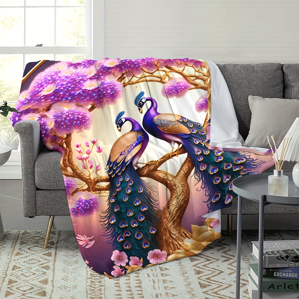 1pc 2D Flat Printing, Peacock And Floral Tree Theme Blanket, Soft Fleece Blanket - Purple Dreamy Design, Multi-Size Available, Suitable for Living Room, Bedroom, Sofa,, And Reading Area