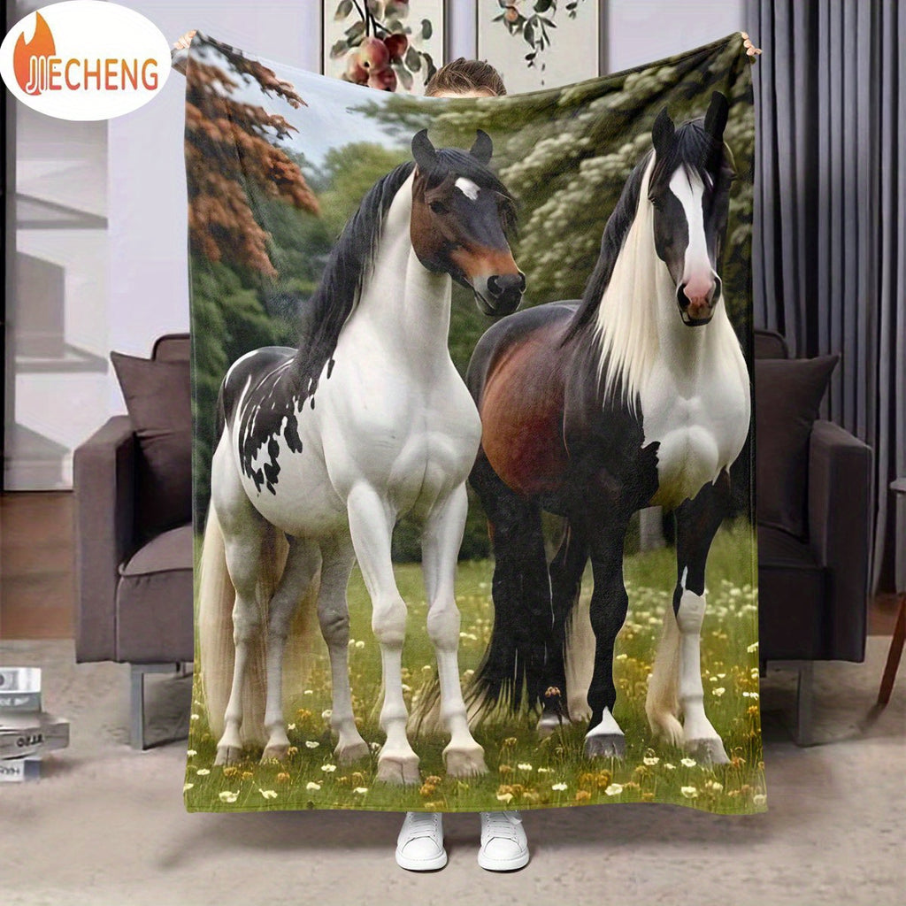 1pc 2D Flat Printing, Double Horse Prairie Theme Blanket, Soft Fleece Blanket - Black Brown White Design, Multi-Size Available, Suitable for Living Room, Bedroom, Sofa, And Casual Reading