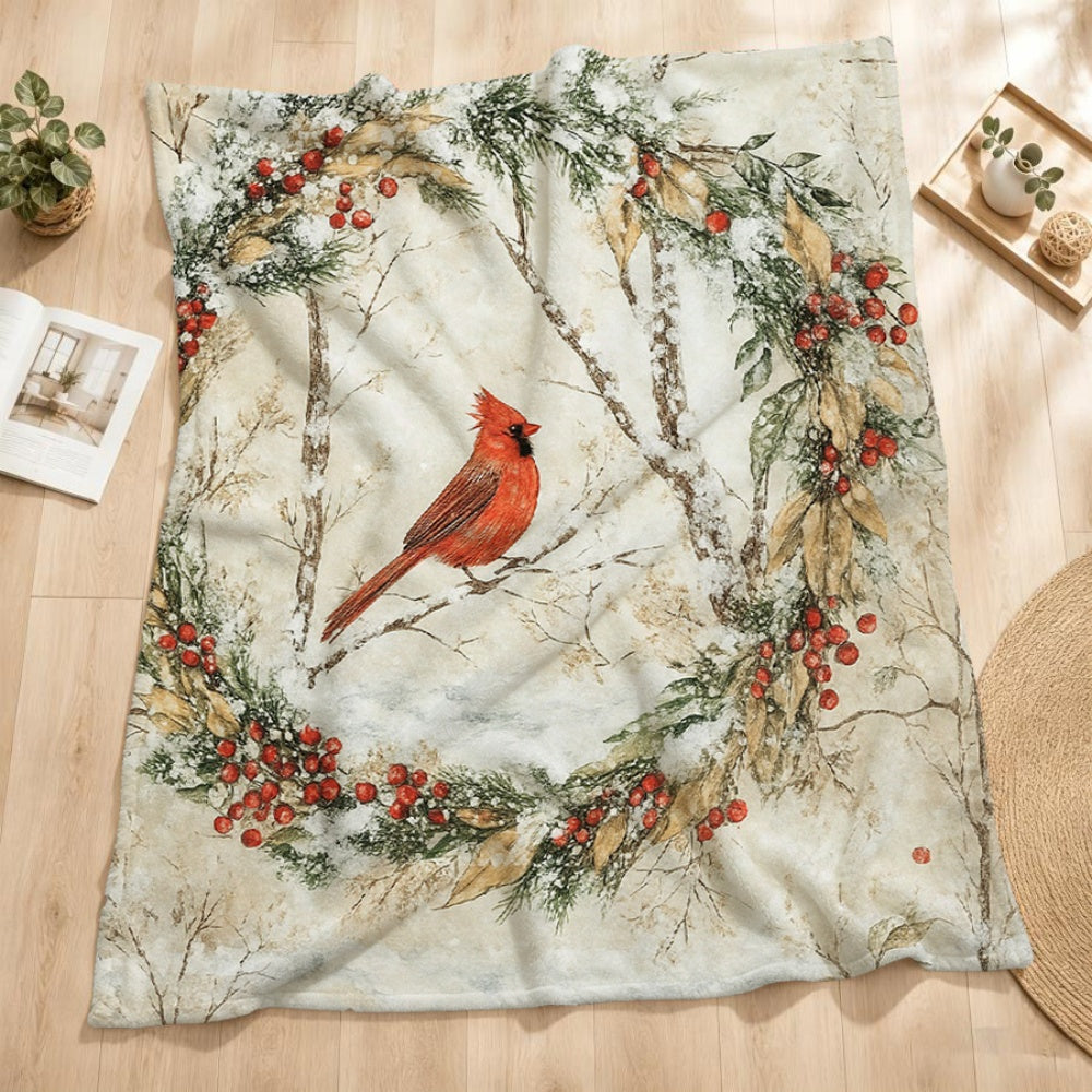 1pc Red Bird and Holly Wreath Christmas Themed Flannel Blanket, Cream White Background with Holiday Decorative Design, Soft Plush Surface for All Seasons, Suitable as a Living Room Sofa Throw, for Reading Time, and as a Soft Accent at the Foot