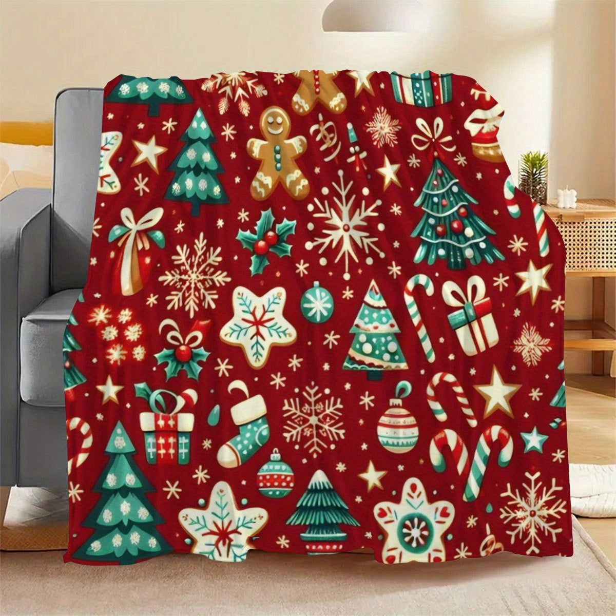 1pc Christmas Holiday Patterned Blanket, Christmas Tree And Gingerbread Design, Soft Plush, Flannel Material Lightweight And Durable, Multiple Sizes Available, Ideal for Christmas, Living Room Sofa, Bedroom Bedside, Holiday Parties, Daily Home Decor