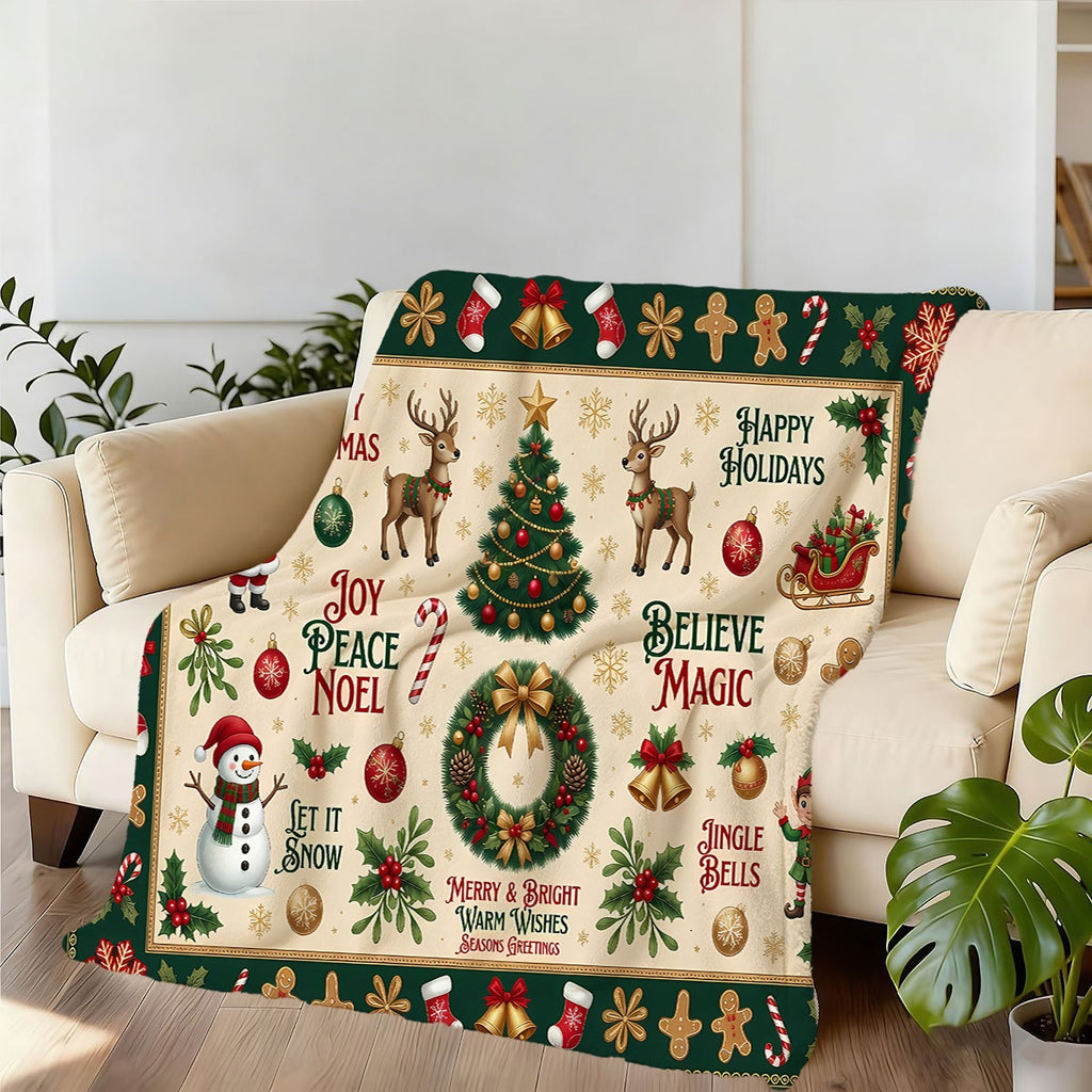 1pc Christmas-themed Flannel Blanket in Green and Beige, Soft, Comfortable, and Warm, Featuring Santa Claus, Reindeer, and Christmas Tree Patterns. Made with Durable Plush Fabric, It's a Versatile All-season Sofa Throw and Cozy Cover Blanket.