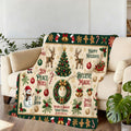 1pc Christmas-themed Flannel Blanket in Green and Beige, Soft, Comfortable, and Warm, Featuring Santa Claus, Reindeer, and Christmas Tree Patterns. Made with Durable Plush Fabric, It's a Versatile All-season Sofa Throw and Cozy Cover Blanket.