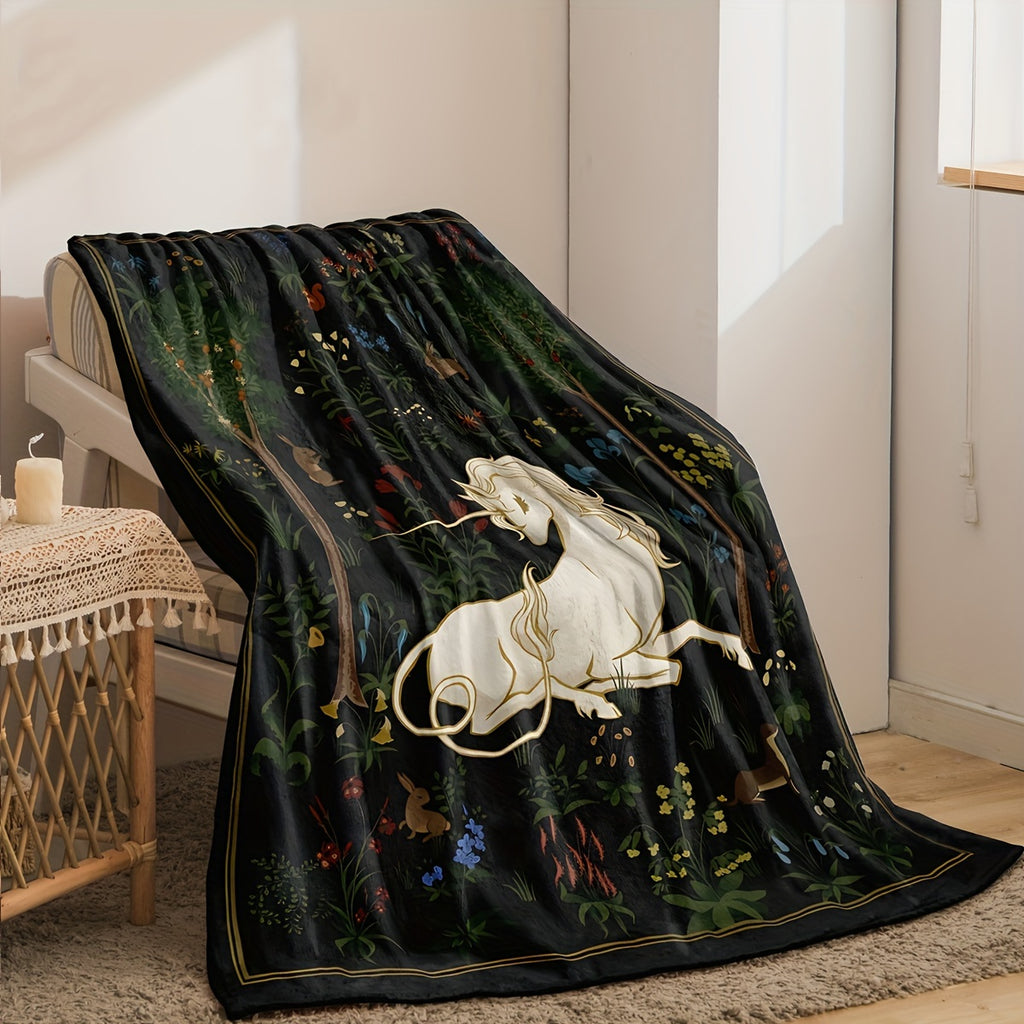 1pc 2D Flat Printing, Unicorn And Forest Theme Blanket, Soft Fleece Blanket - Black Retro Design, Multi-Size Available, Suitable for Living Room, Bedroom, Sofa, And Reading Nook
