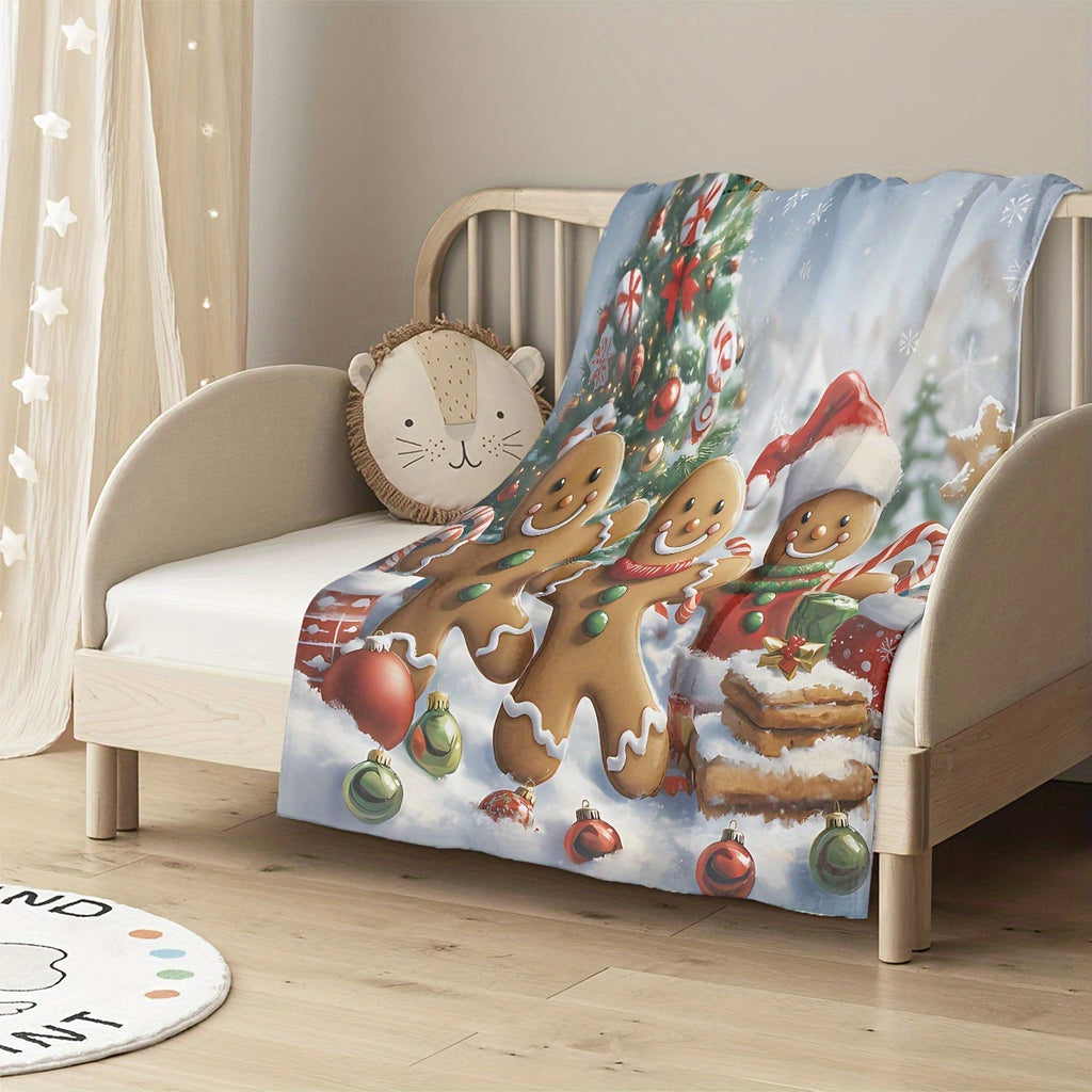 1pc Gingerbread Man And Christmas Tree Blue Theme Flannel Oversized Blanket, Winter Holiday Decor Design, Large Plush Throw Blanket, Suitable for Living Room Sofa Cover, Bedroom Bed End Decoration, Weekend Leisure Time