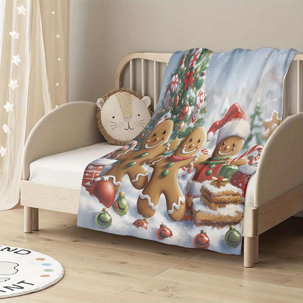1pc Gingerbread Man And Christmas Tree Blue Theme Flannel Oversized Blanket, Winter Holiday Decor Design, Large Plush Throw Blanket, Suitable for Living Room Sofa Cover, Bedroom Bed End Decoration, Weekend Leisure Time